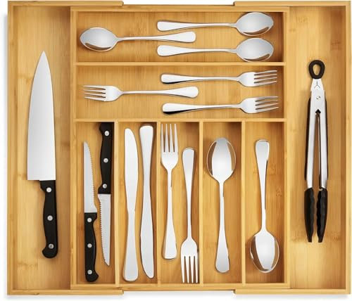 ARA CHOICE Natural Bamboo Expandable Cutlery Tray Holder Utensils Holder Storage Kitchen Drawer Organiser Divider Adjustable Utensil Wooden 6 to 8 Compartments 6-8 Extending Durable Large Capacity M&W