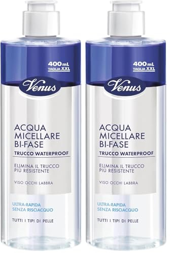 Venus, Acqua Micellare Bi-Fase, Struccante Waterproof Ultra-Rapido, Viso Occhi e Labbra, Assicura una Detersione Delicata e Lascia la Pelle Morbida dopo l'Utilizzo, Ideale su Occhi Sensibili, 400 ml
