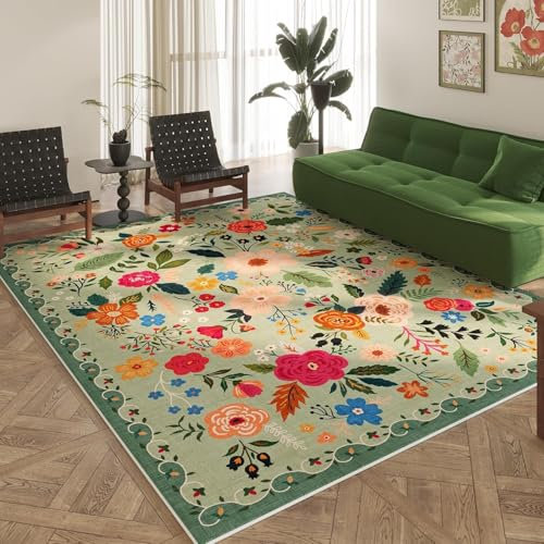 Sedefen Teppich Grün 160x230 cm Kurzflor Blumen Boho Rutschfester Waschbarer Flauschig Teppich Wohnzimmer Schlafzimmer Kinderzimmer Küche