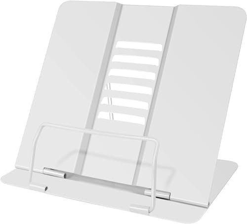 MINISOISO Support de Lecture Métal, Portable Réglable Support Livre en Métal, 6 Hauteurs Réglables Porte-Livre pour Livre de Cuisine, pour Livres Tablette Recette Manuel Cuisine Bureau, Blanc