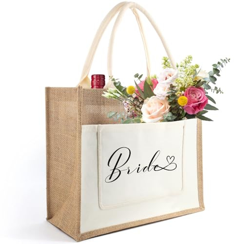 Bride Jute Tote Bag, Bridal Shower Wedding Bachelorette Bride Gifts Shoulder Bag, Reusable Shopping Bags for Wedding Day Engagement Proposal Hen Party Suitable for Travel Picnic Beach Holiday