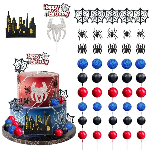 SWIMDOG 48 PCS Superhero Birthday Cake Topper Decorations, Spider Themed Party Favors Cupcake Cake Decoration