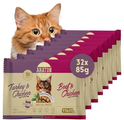 ARATON Katzen-Nassfutter Mixpack für Sterilisierte, 2 Sorten, 32 x 85 g | Truthahn & Huhn und Rind & Huhn, Fleischstückchen in Sauce, Sterilisierte erwachsene Katzen, L-Carnitin & Taurin, 32 Beutel