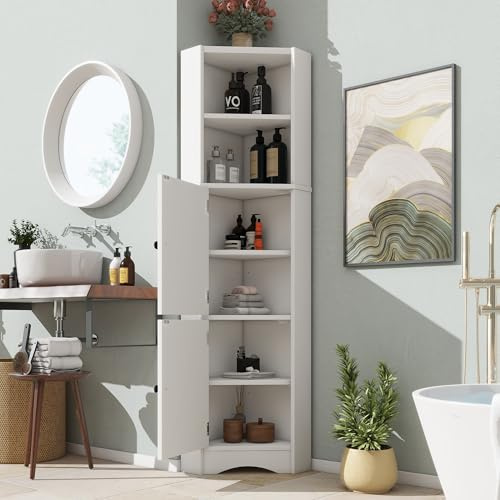 Merax Dreieckiger Badezimmerschrank, 51,7x32x155,4cm, Eckschrank mit 2 Türen & offenen Fächern, verstellbaren Trennwänden, feuchtigkeitsbeständiger Lackierung, moderner Badschrank, Weiß
