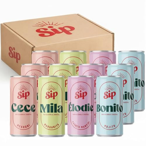 Sip Alcohol Free Cocktail Cans 12 Pack | Mixed Case Including Negroni, Margarita, Mojito, & French Martini | No Added Sugar & Made Using Natural Ingredients | Female Founded UK Brand
