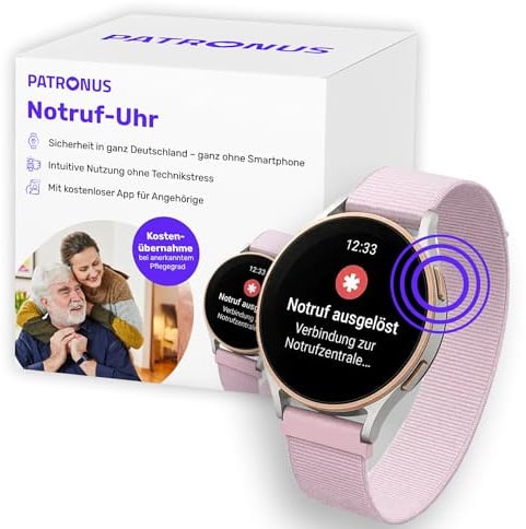 PATRONUS Notrufuhr - für Senioren - Roségold - mit GPS – ABO notwendig | Manueller SOS-Notrufknopf ohne Sturzerkennung, Notrufarmband, Mobiler Hausnotruf, 24/7 Notrufzentrale, mit App, Pflegegrad