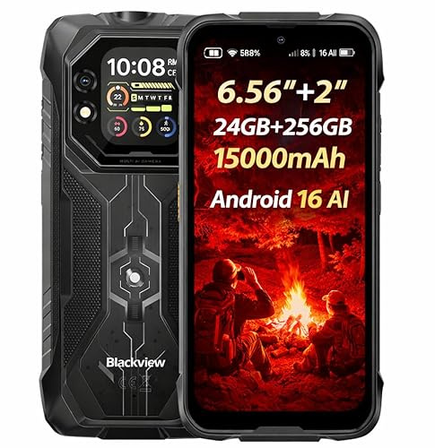 Blackview ROCK 1 Smartphone Rugged Android 16, Doppio Schermo 6.56'' +2'', Batteria 15000mAh, Helio G81 24GB+256GB, LED 120LM, Fotocamera Notturna 20MP, Telefono Impermeabile IP68, GEMINI AI, NFC GPS