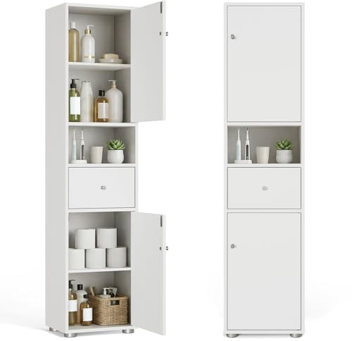 HOKEEPER Badschrank Weiß | schmal, platzsparend, Kommode, Badezimmerschrank, Hochschrank, Holz, mit Schubladen, für Badezimmer