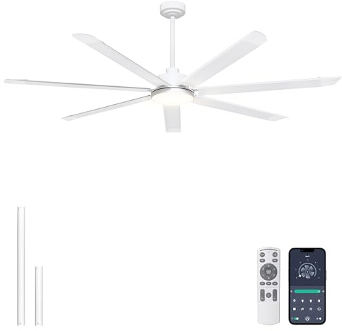 Ohniyou Ventilador de Techo de 182 cm con Luz, Ventiladores de Techo Industrial Grande con Control Remoto/APP, 7 Aspas de Aluminio, Motor DC Silencioso, Ventilador para Terraza Exterior Garaje, Blanco