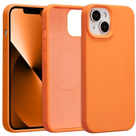 UCASONG Magnetic Liquid Silicone Case for iPhone 14 Plus/15 Plus, Orange | 6.7Inch, Compatible with MagSafe, Cute Plain Solid Color Slim Case, Soft Smooth Matte Shockproof Protective Cover