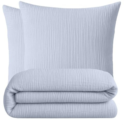 sleepling Musselin Bettwäsche, 200x220 cm + 2X 80x80 cm, Hellblau | Bettbezug + 2x Kissenbezug, 100% Baumwolle, Extra weiche Sommerbettwäsche, Made in EU, OEKO-TEX, Waschbar bis 60 Grad