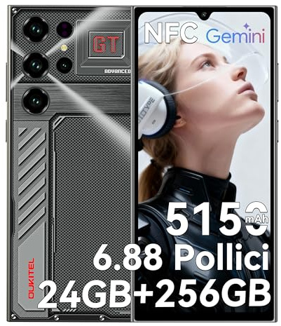 OUKITEL C61 GT Smartphone Android 2026, 24GB RAM+256GB ROM Telefono, Display 6,88 HD+ 90Hz Cellulare 5150mAh, 13MP+5MP 4G Dual SIM Cellulari e Smartphone NFC/Face ID/Fingerprint/OTG - Nero