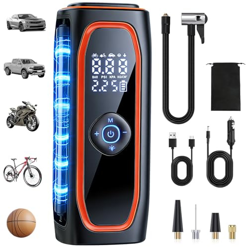 VACHAN Cordless Tyre Inflator, 7500mAh Portable Car Tyre Pump | with 12V DC Backup, Digital Pressure Gauge, Auto Shut-Off, LED Light, Rechargeable Air Compressor for Car, Bike and Balls