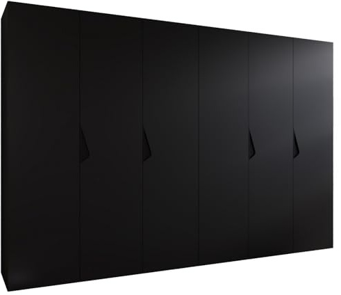 MEBLE KRYSPOL - Kleiderschrank - Garderobenschrank - 300 cm x 202 x 52 cm - Schrank mit Kleiderstange, 6 Türen - für Schlafzimmer, Flur - SANDI, Schwarz, Griff Schwarz