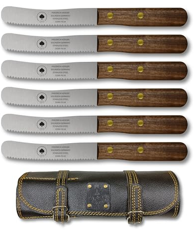 Solingen Messer 6er Set mit Wellenschliff inkl. hochwertiger Ledertasche, edler Holzgriff, Premium Buckelmesser, Frühstücksmesser, Brötchenmesser, rostfreie Klinge, extra scharfes Küchenmesser