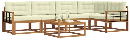 vidaXL Outdoor-Sofagarnitur mit Kissen 6 pcs Natur und Creme, Gartenmöbelset, modernes Patiosofa, Robustes modulares Lounge-Set, Outdoor-Sitzgelegenheit für Garten, Poolbereich, Akazienholz