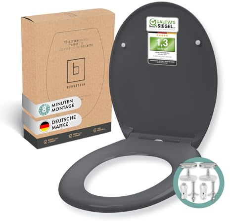 BENKSTEIN Premium Toilettendeckel antibakteriell oval dunkelgrau - Duroplast Klodeckel mit Quick-Release-Funktion & Softclose Absenkautomatik - Toilettensitz aus rostfreiem Edelstahl abnehmbar WC Sitz