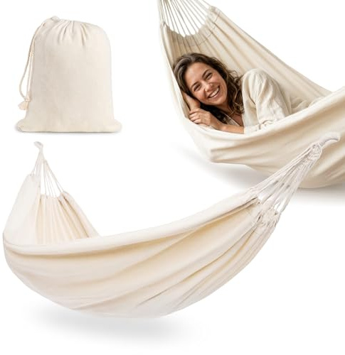 HyperMotion Boho Hängematte Beige mit Tragetasche, Polyester-Baumwolle-Mischung, 200 × 150 cm, bis 100 kg Traglast, für Garten, Balkon, Terrasse und Camping