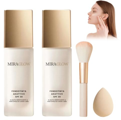 Miraglow Fondotinta Adattivo over 50, Miraglow Fondotinta Bianco che si Adatta al Colore Della Pelle SPF 30+, Inviare Pennello Applicatore + Spugna per Trucco 30ML (2 bottiglia)