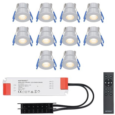 HOFTRONIC - Einbaustrahler Feuchtraum Badezimmer 12V Terrassenüberdachung IP65 Wasserdicht | 10x3W | 10x200 Lumen Warmweiß lichtfarbe Dimmbar RF-Fernbedienung. 3W Mini LED Einbaustrahler Flach 35mm