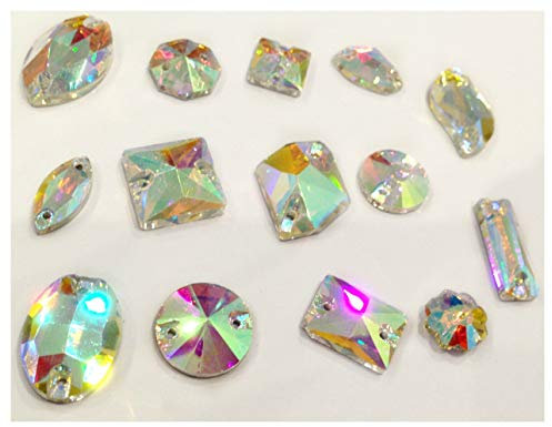 Brillabenny Pietre Strass da Cucire Trasparenti, Cristalli in Varie Forme a Due Fori, Perfetti per Decorare Abiti (Aurora Boreale AB, 70 Pezzi)