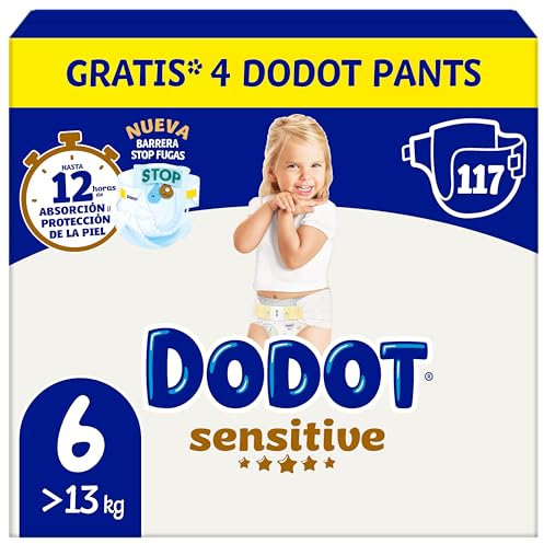 Dodot Pañales Bebé Sensitive, Talla 6 (+13 kg), 117 Pañales + 4 Pants de Regalo, Hasta 12 h De Protección Antifugas y Cuidado de la Piel, Pack Mensual