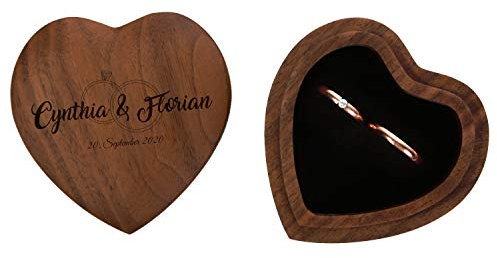FORYOU24 Ringkissen als Herz aus Holz mit Gravur zur Hochzeit Motiv 06 dunkel - Ring Schatulle mit Deckel personalisiert, Namen und Datum, Holz Ringbox zur Trauung oder Verlobung, Ringträger