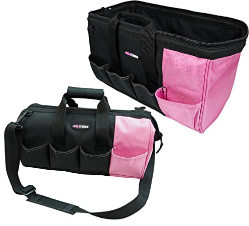MeloTough Sac à outils rose pour femme avec bandoulière ouverte sur le dessus et large goulot de rangement (40,6 cm, rose)