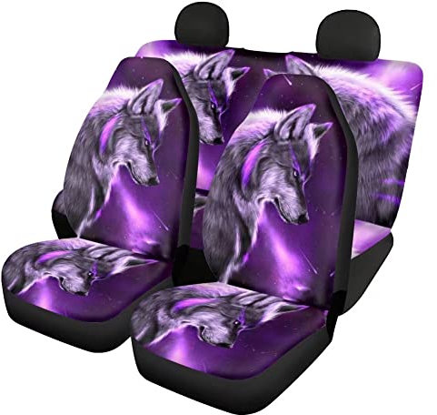 chaqlin Galaxy Lila Wolf Vordersitzbezüge Rücksitzschutzpolster Komplettes 4er-Set, Haustier-Hundesitzmatten Allwetter-Fahrzeugsitzschutz für die meisten Autos Limousine SUV
