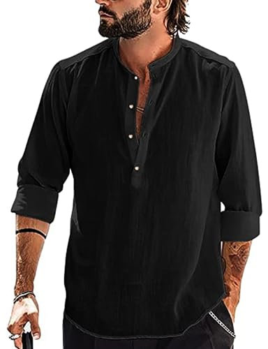 YAOBAOLE Hemd Herren Langarm Regular Businesshemd Herren Hemd Baumwolle & Leinen Schwarz XL