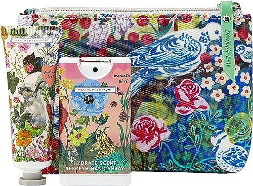 Vintage & Co Beauty X Nathalie Lete Myrtle Woods Cosmetic Pouch Set | 30ml Hand Cream & 15ml Hand Spray | Cruelty Free & Vegan Friendly | Travel Friendly Sizes | 3 x 30ml