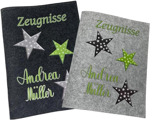 Zeugnismappe mit Namen - Mädchen und Jungen - Personalisiert Filz A4 Sterne Grün - Dokumenten Urkunden Mappe Kinder - Hefter Zeugnisse - Sichtbuch