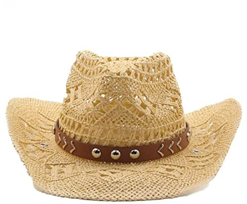 TOSSPER Paille De Chapeau Cowboy Western Style Country Plage Cap De Plage De Plage Le Chain De Bord Large pour Femmes Hommes, Beige, M