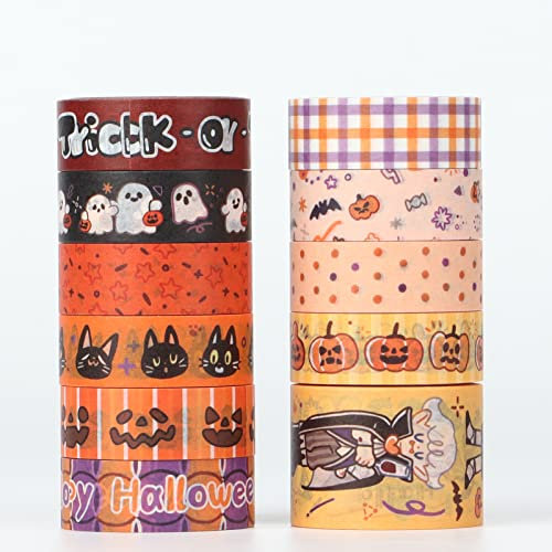 LGEGE 11 Rolls Washi Tape Set - 30/15/10 mm Wide, Halloween Element,Ghost Pumpkin Black Cat Coffin Vampire,Japanese Masking Tape (5m) Perfect for Halloween Party Decoration,Gift Wrapping,Game Supplies