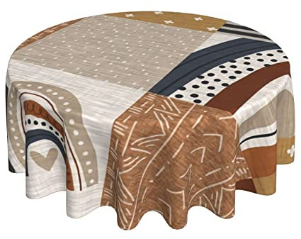Scandi Regenbogen-Patchwork-natürliche runde Tischdecke | 60 Zoll Durchmesser | Runde Tischabdeckung | Tischdeko | Staubdicht Falten | Buffettisch, Partys, Feiertagsessen