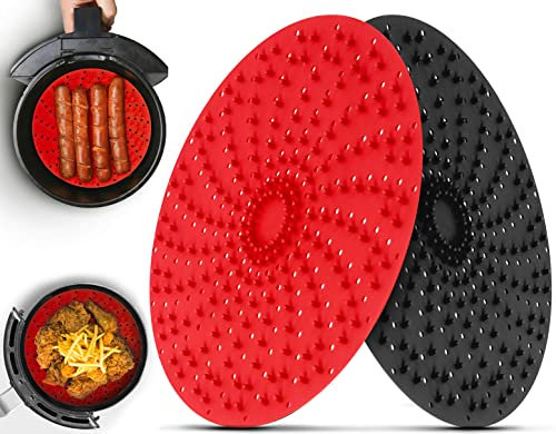 DynoApe Bristles Design Silicone Air Fryer Liner, 8'' Liners Reusable Silicone, Food Grade Non-Stick liner Parcht Paper Replacet, Easy Clean Accessories 2pcs, Black & Red