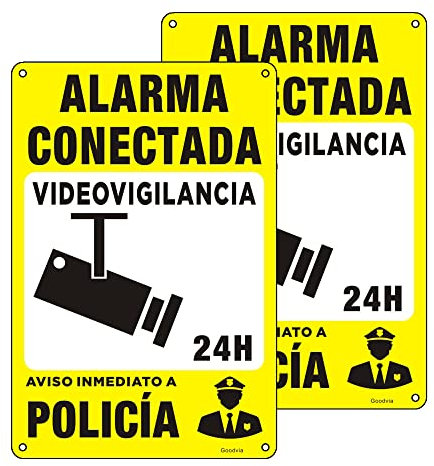 Goodvia Cartel Alarma Aluminio Reflectante 20x30 cm, Placa Alarma Conectada Cartel Videovigilancia Metalico Duradero, Impermeable y Resistente UV, 2PCS