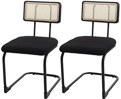 2er-Set Freischwinger-Stuhl HWC-K88, Stuhl Lehnstuhl, Holz Rattan Metall Bouclé - Stoff/Textil schwarz
