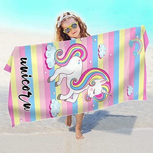 FEELJAM Kinder Strandtuch Mädchen Einhorn Badetuch Strandlaken Handtuch 70 x 140 Mädchen Strandhandtuch Kinder Schwimmen Duschtuch - Mehrfarbig gestreift