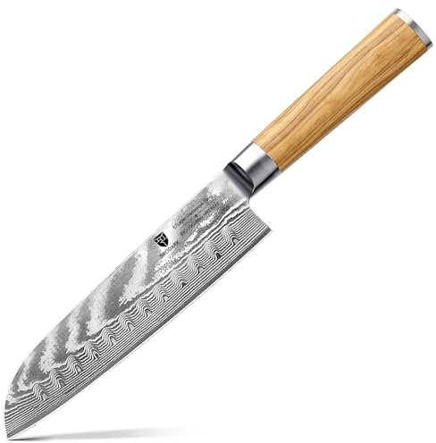 BRODARK Damaszener Santokumesser 7 Zoll, japanisches Küchenmesser mit Olivenholzgriff, professionelles Kochmesser aus Edelstahl mit hohem Kohlenstoffgehalt für ultrascharfes Hacken, verpackt