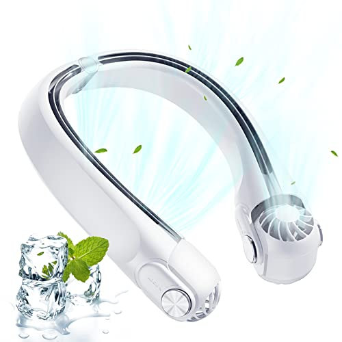 Bseical Tragbarer Nackenventilator mit Kühlung, USB Aufladbar, 3 Turbo Geschwindigkeiten, 2400mAh Akku, Weiß