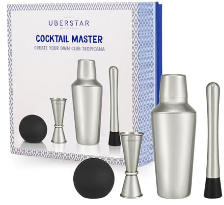 UBERSTAR Cocktail Master Gift Set Stainless Steel Cocktail Shaker, Muddler, Jigger and Giant Ice Ball (Silver)