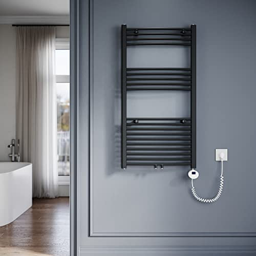 SONNI Badheizkörper Elektrisch mit Thermostat 1150x600 mm Anthrazit Gebogen Handtuchtrockner Mittelanschluss Oval Handtuchwärmer für Bad Heizung 600W