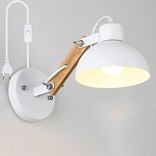 Retro Wandleuchte Verstellbar Holz Schwenkbar Wandlampe Metall Lampenschirm Wand-Leselampe Bettlampe Innen E27 Nachtlicht Wandspot Mit Schalter Stecker für Schlafzimmer Nachttisch Wohnzimmer (weiß)