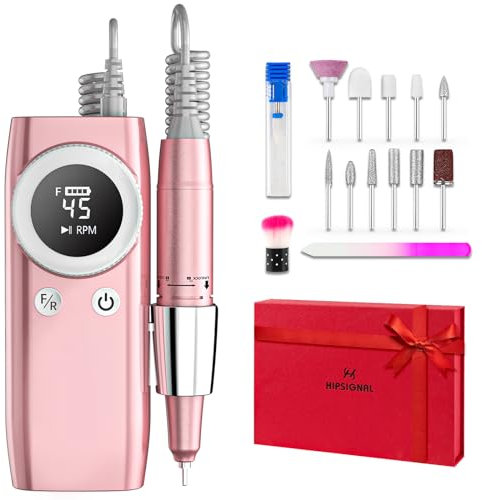 Ponceuse pour Ongles Professionnelle, 45000 RPM Portable Rechargeable Avec Affichage LED et 12 Embouts Ponçage pour Pédicure Manucure, Cadeau de Noël, Saint-Valentin et Fête des Mères pour Femmes