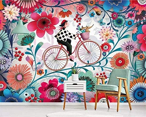 Wandbild Tapete, 3D Bunte Blume Pflanze Fahrrad Mädchen Selbstklebende Tapete Zum Abziehen Und Aufkleben Für Wohnzimmer, Schlafzimmer, Tv-Hintergrund, Büro, Restaurant, 400 (Breite) x 280 (Höhe) cm