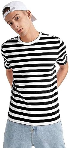 Golomak® Men Women's Striped T-Shirt - Unisex Crew Neck Short Sleeve Stripes T-Shirt Casual Summer Top (Black-White, Medium)