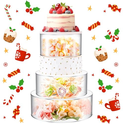 Sintuff Tortenständer aus Acryl mit LED-Lichtern, transparent, befüllbar, rund, 3 Etagen, Zylinderbox für Weihnachten, Hochzeit, Geburtstag, Weihnachten, Urlaub, Party, Display (17,8 cm, 22,9 cm, 27,9