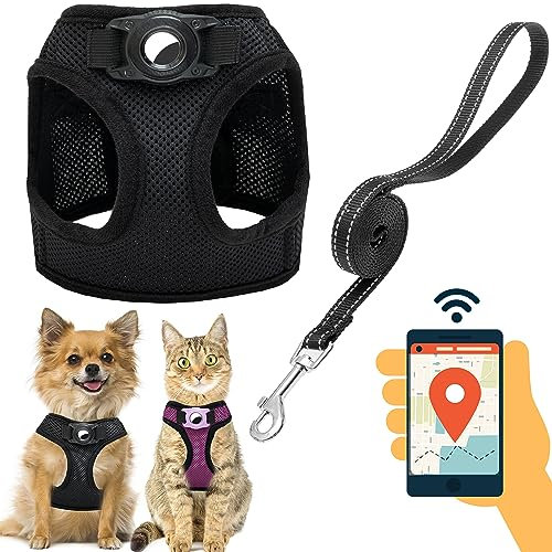 JVVGPET Hundegeschirr mit Airtag-Halterung für kleine Hunde, Welpen, Katzen, kein Ziehen, für kleines Hundegeschirr und reflektierende Hundeleine, Set für Spaziergänge, Training, Reisen, Fellpflege,