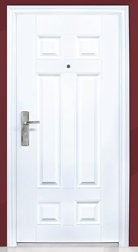 Porta Blindata Bianca con Apertura Verso Interno ed Esterno Destra e Sinistra Disponibile in 2 Misure Porta in Metallo con Spioncino P7 (Apertura esterna destra, 90x197 cm)